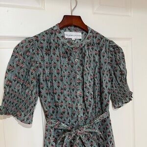 Daughters of India Prairie Dress Sage Green Block Print Small